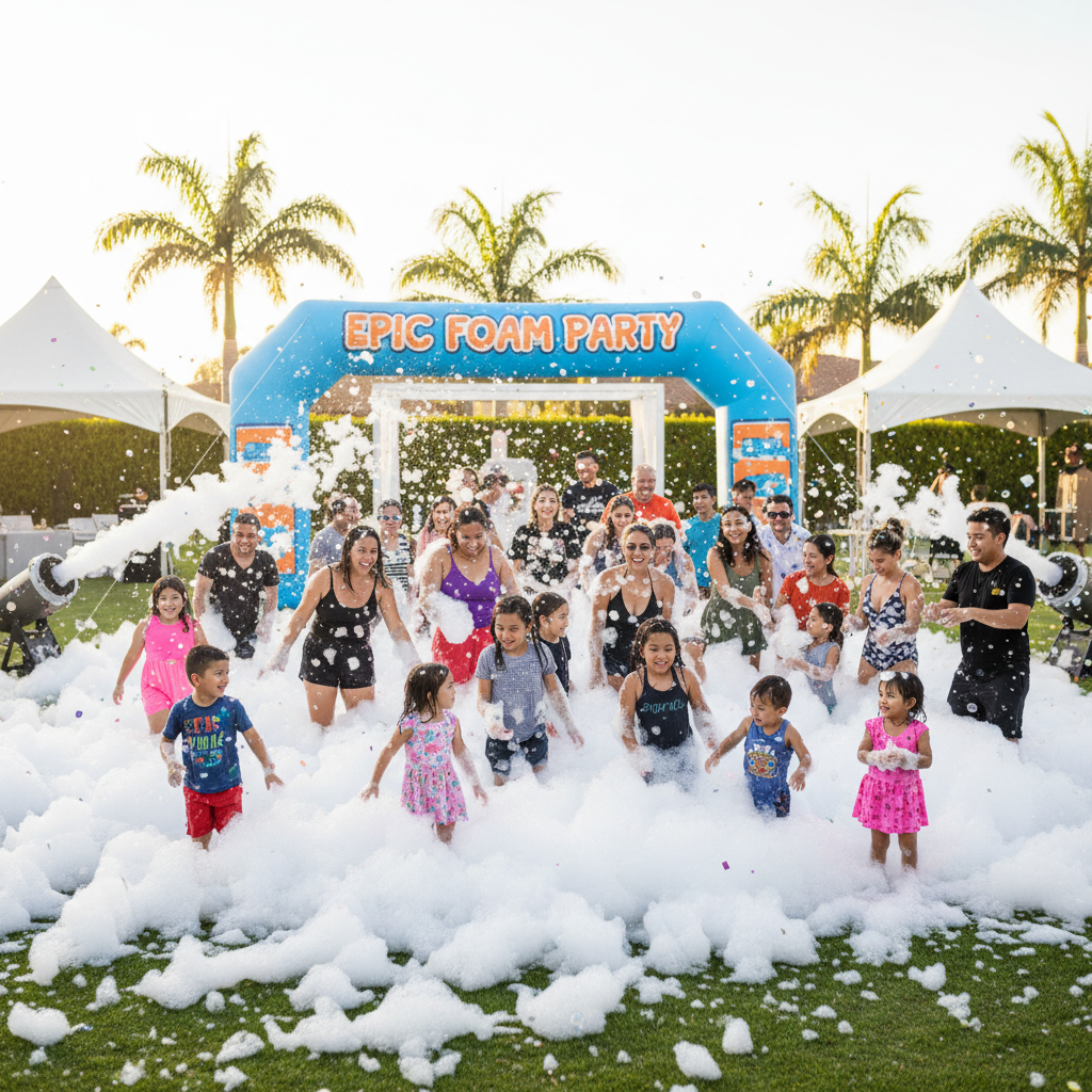 Child laughing covered in foam bubbles