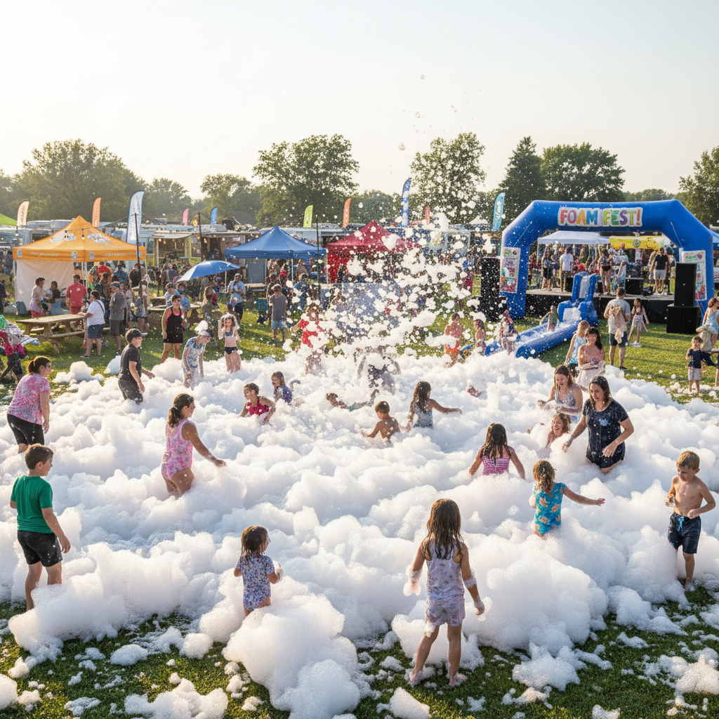 Block party covered in foam with an energetic crowd