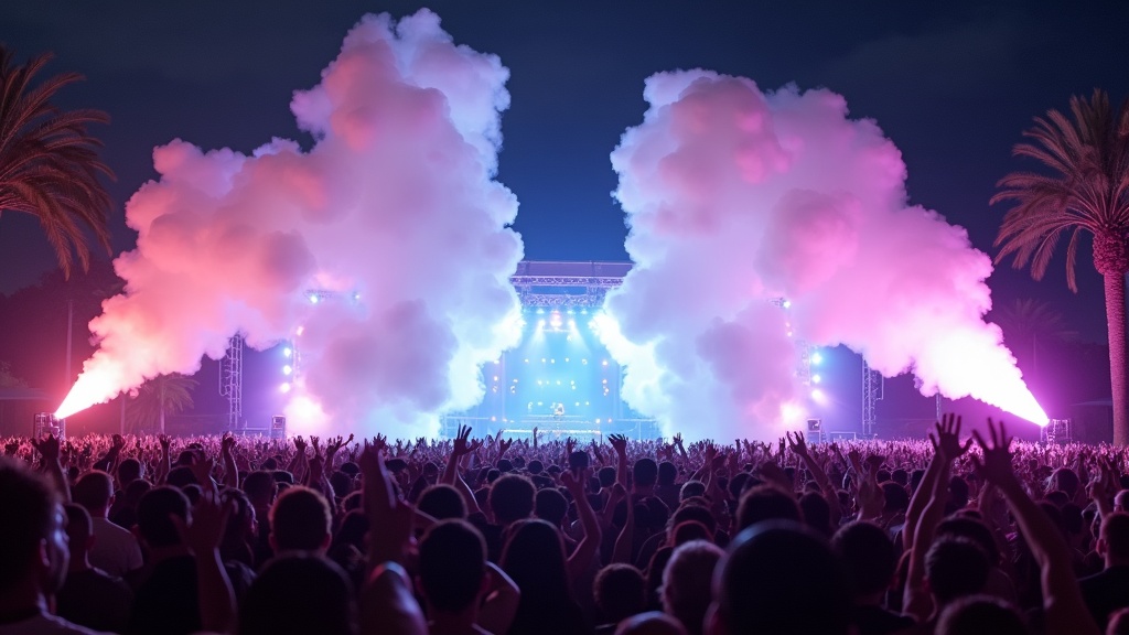 Nighttime foam party with dual cannons and stage lighting